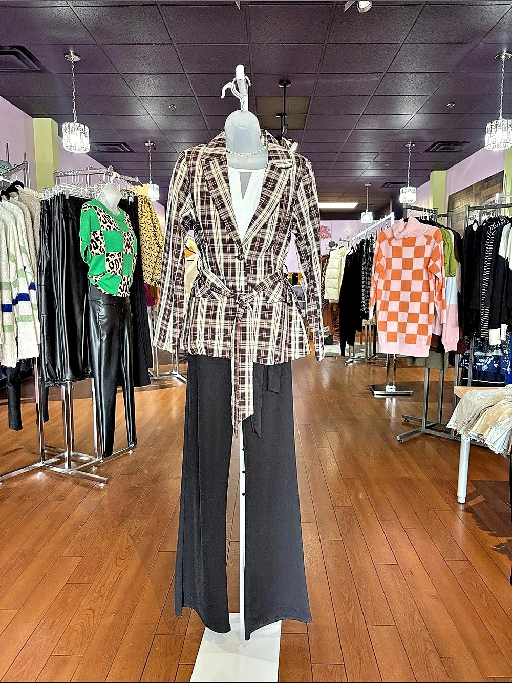 Women's Plaid Belted Blazer